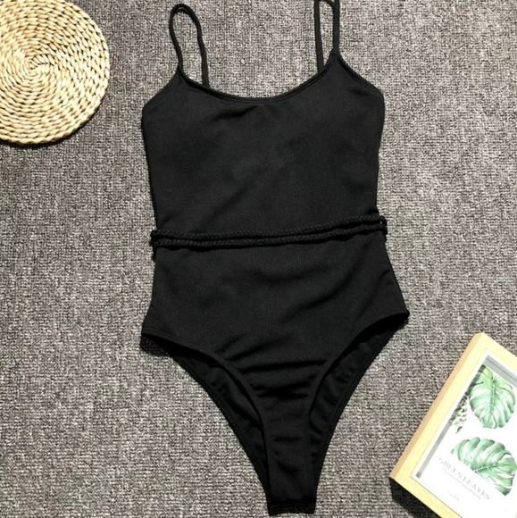 SOLID BRAIDED BELTED RIBBED ONE PIECE SWIMSUIT - Picture 3 of 5